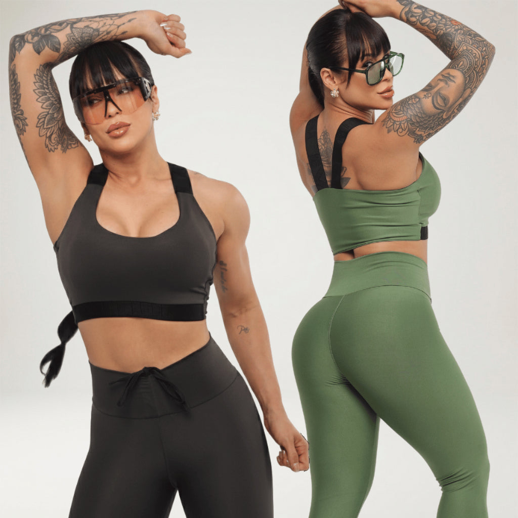 Kit 2 Looks Academia Feminino Calça Legging Power Treino Alta Compressão Elástico Top Bojo