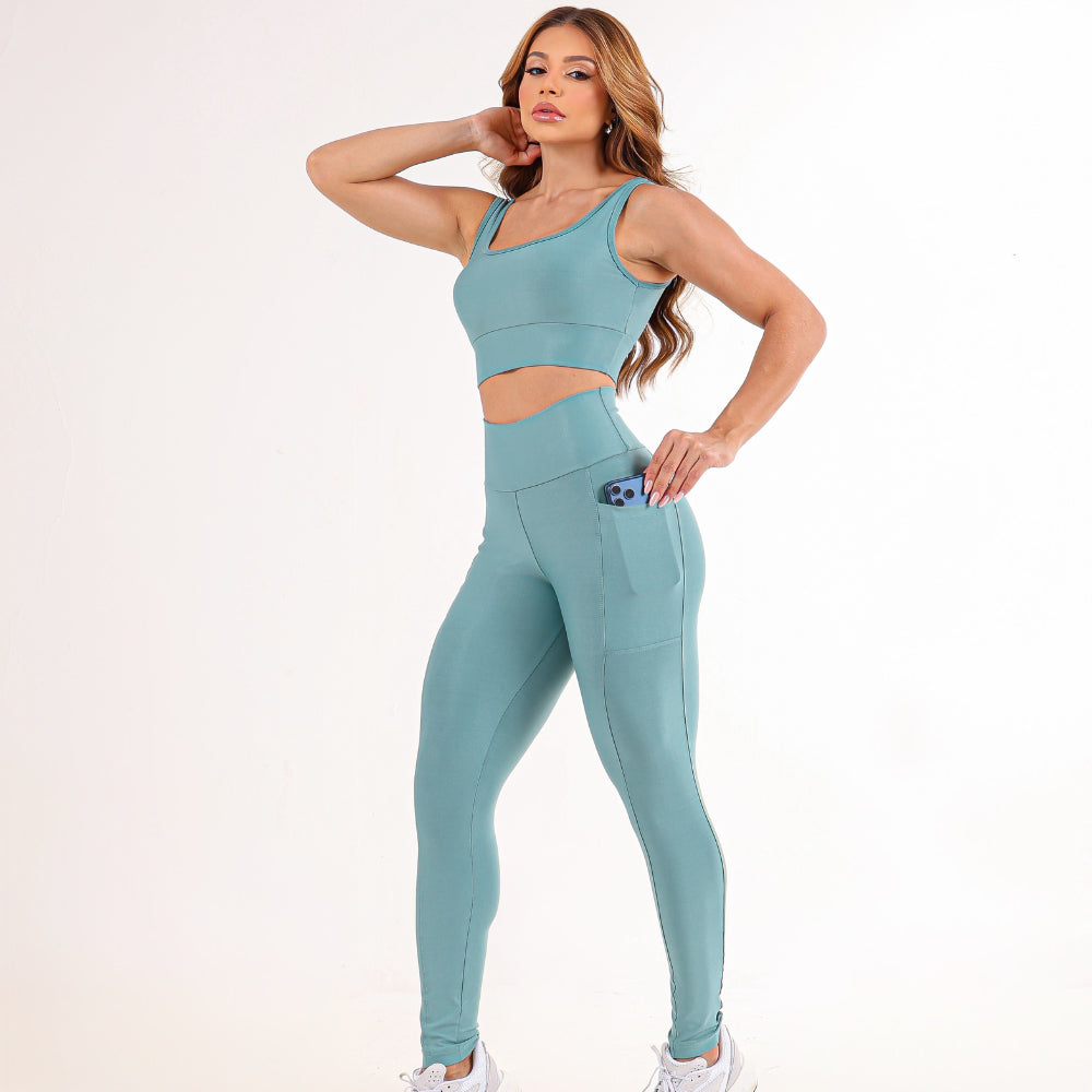 Conjunto Top Sustentação + Calça Bolso Alta Compressão