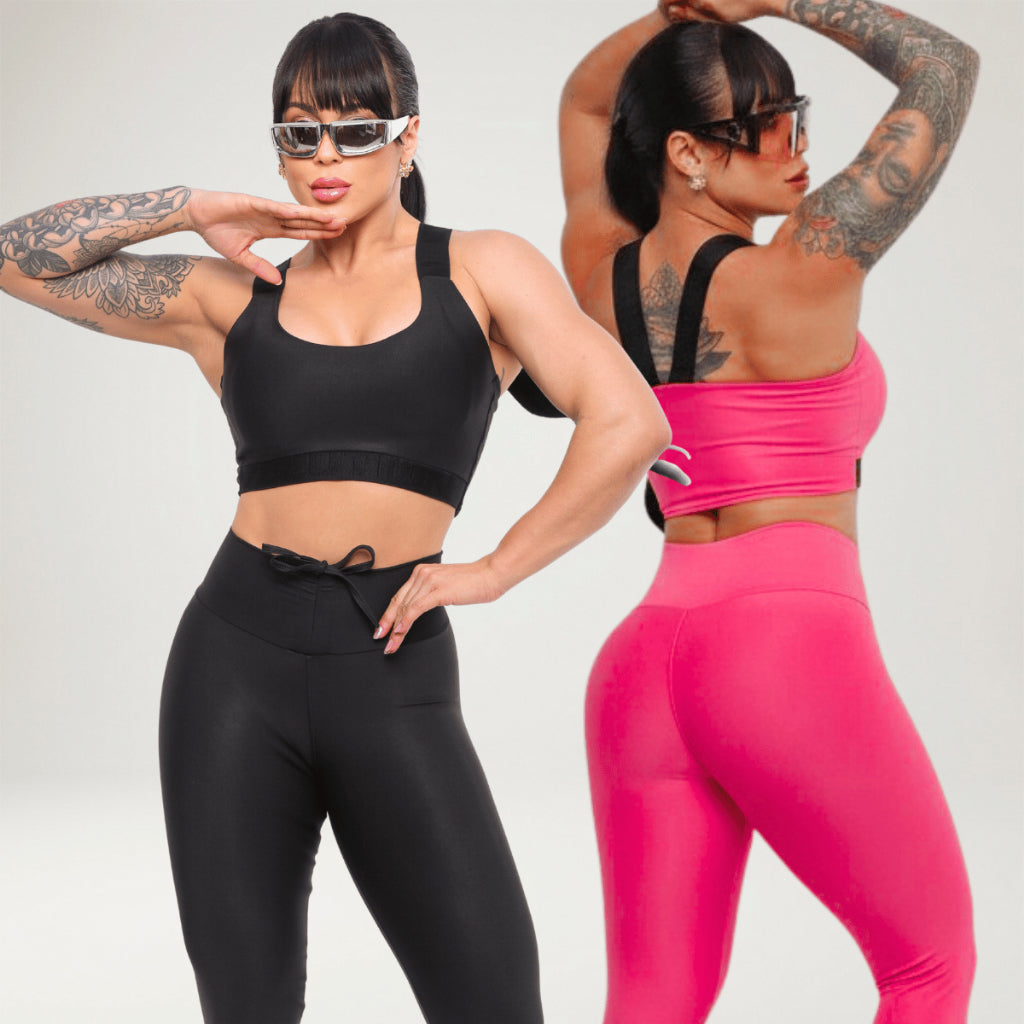 Kit 2 Looks Academia Feminino Calça Legging Power Treino Alta Compressão Elástico Top Bojo