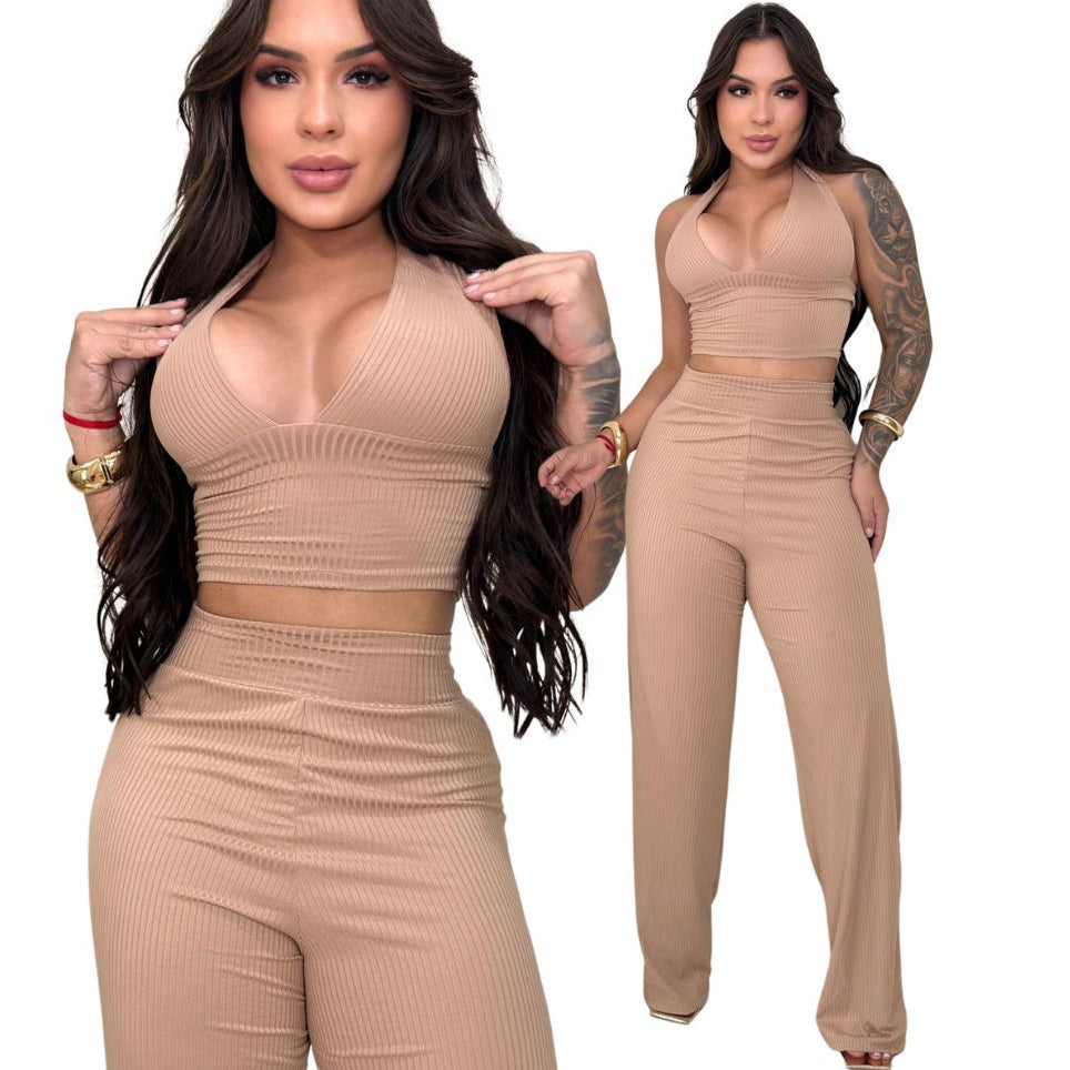 Conjunto Feminino Calça Pantalona Wide Leg + Top Cropped Amarração