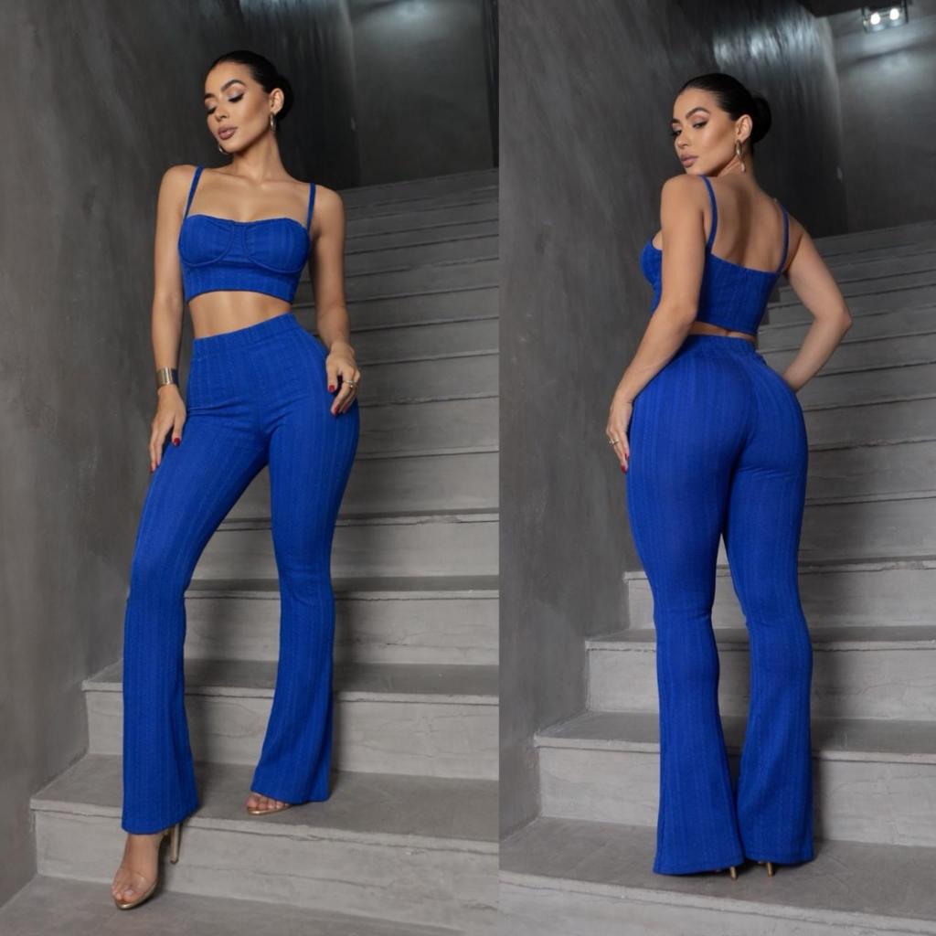 Conjunto feminino pantalona e top-Tecido Ribana Prime.