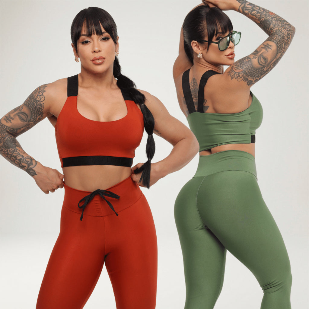 Kit 2 Looks Academia Feminino Calça Legging Power Treino Alta Compressão Elástico Top Bojo
