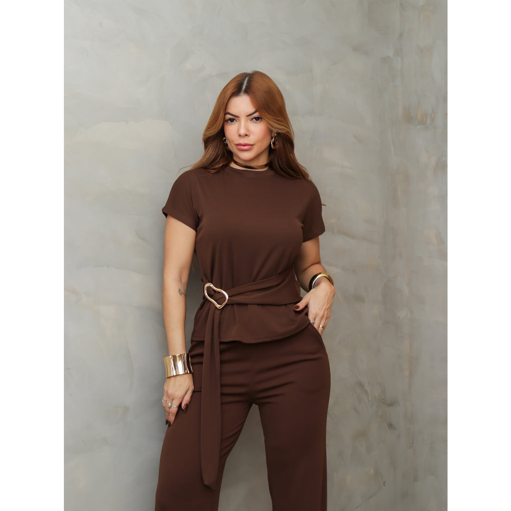 Conjunto Feminino Blusa Manga Curta com Cinto e Calça Pantalona Malha Elegante