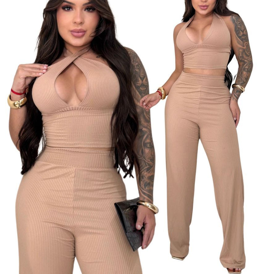 Conjunto Feminino Calça Pantalona Wide Leg + Top Cropped Amarração