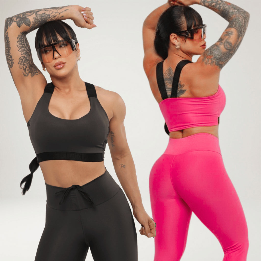 Kit 2 Looks Academia Feminino Calça Legging Power Treino Alta Compressão Elástico Top Bojo