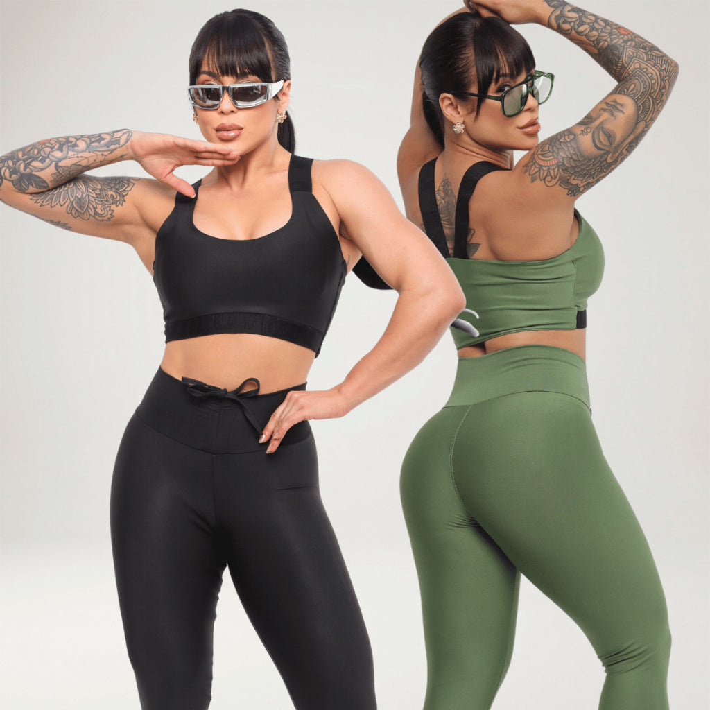 Kit 2 Looks Academia Feminino Calça Legging Power Treino Alta Compressão Elástico Top Bojo