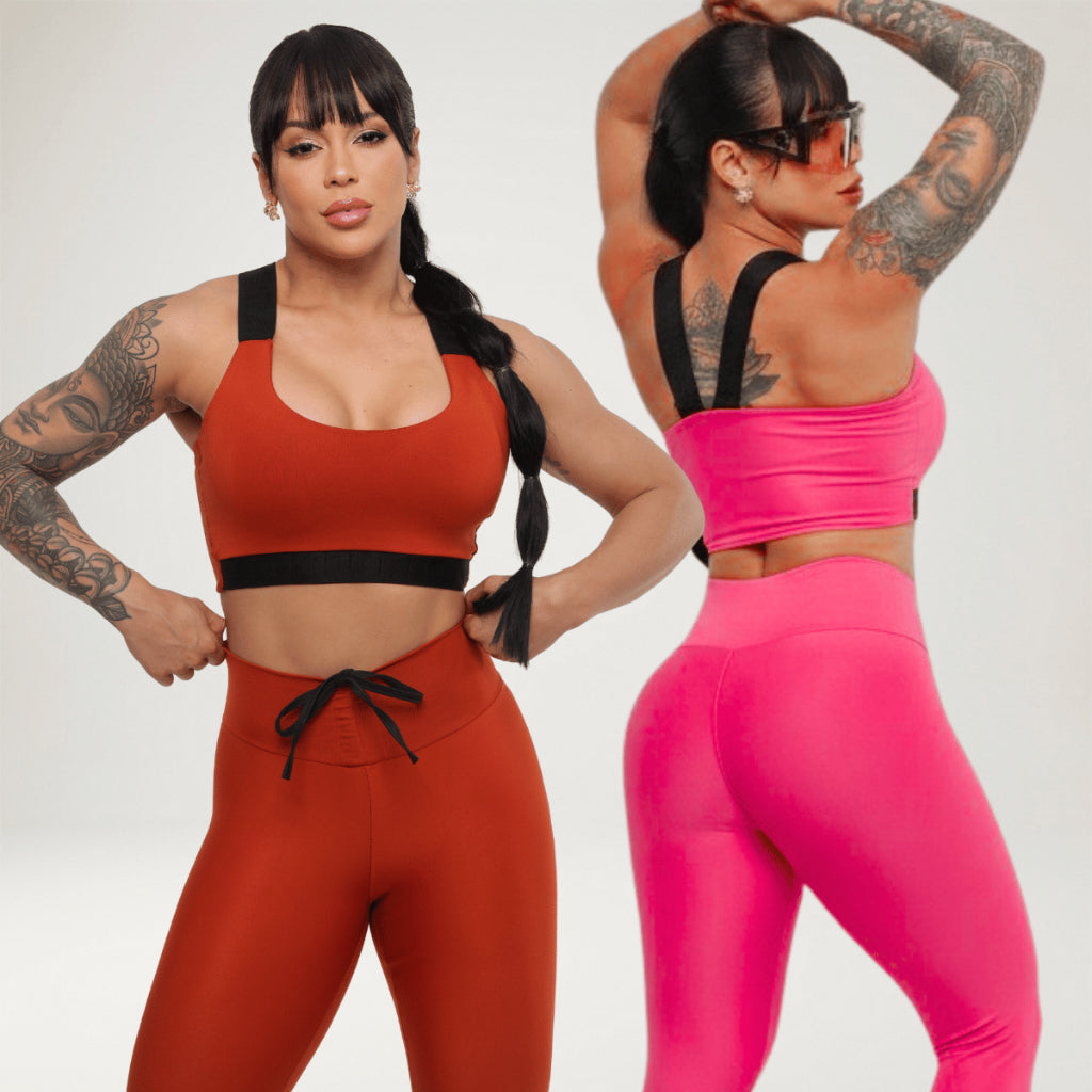 Kit 2 Looks Academia Feminino Calça Legging Power Treino Alta Compressão Elástico Top Bojo