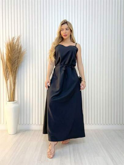 Vestido longo crepe simple de alcinha com cinto FL-v50