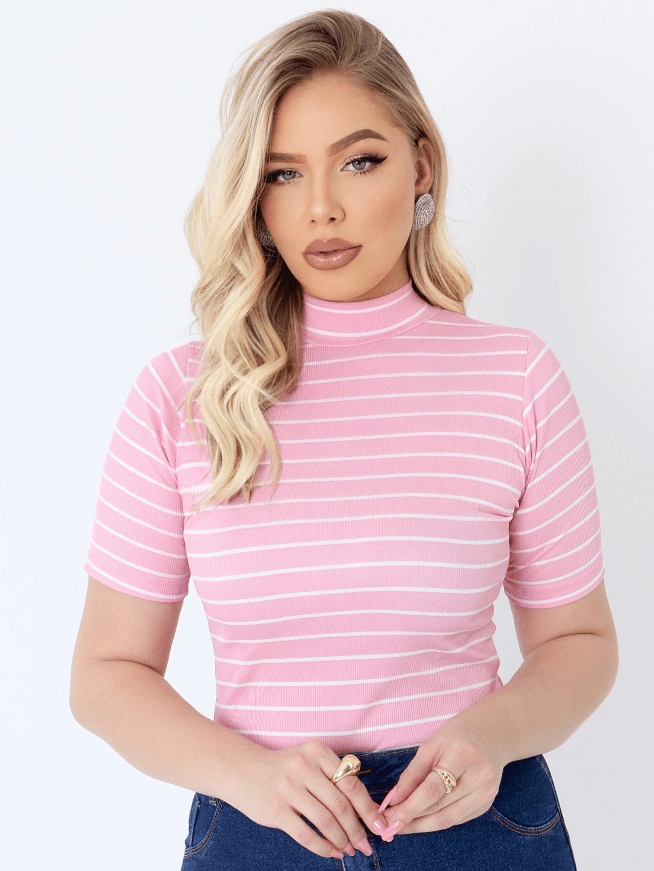 Blusa Manga Curta Gola Alta Malha Ribana Canelada Feminina Básica Elegante Confortável