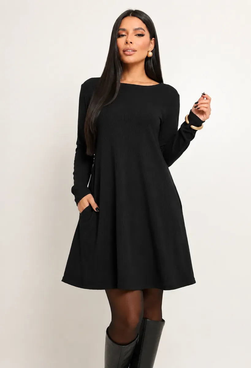 Vestido Ribana Curto Feminino Manga Longa Com Bolsos
