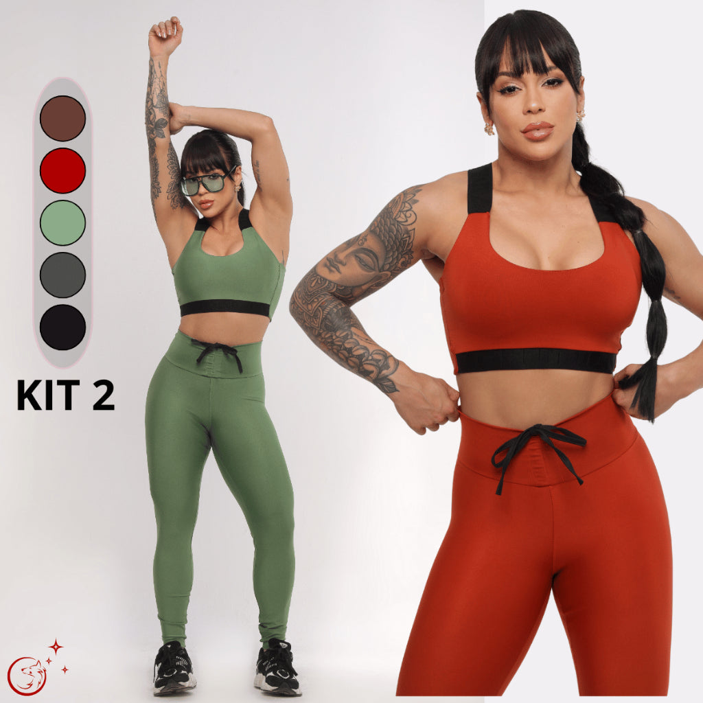 Kit 2 Looks Academia Feminino Calça Legging Power Treino Alta Compressão Elástico Top Bojo